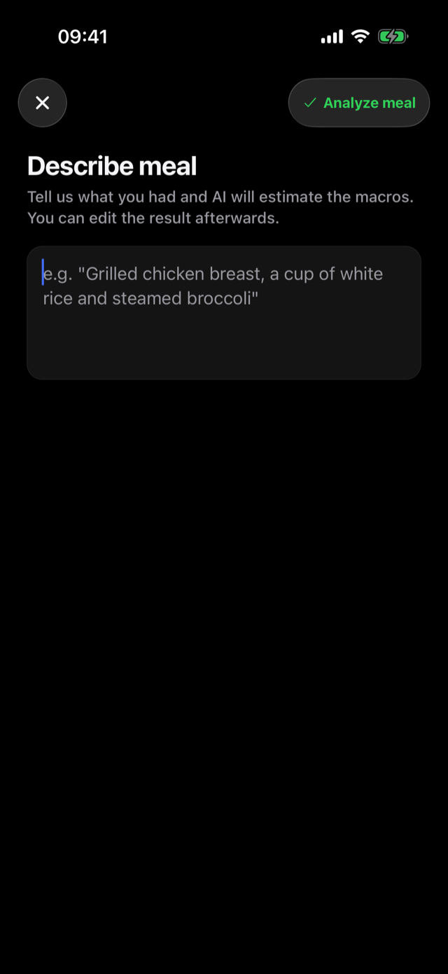 Describe meal screen in dark mode where AI estimates macros from a text description