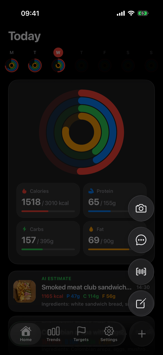 Quick add menu in dark mode with photo, describe, barcode, and manual options