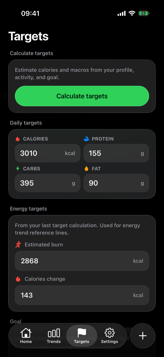 Targets screen in dark mode with calculated daily calorie and macro targets
