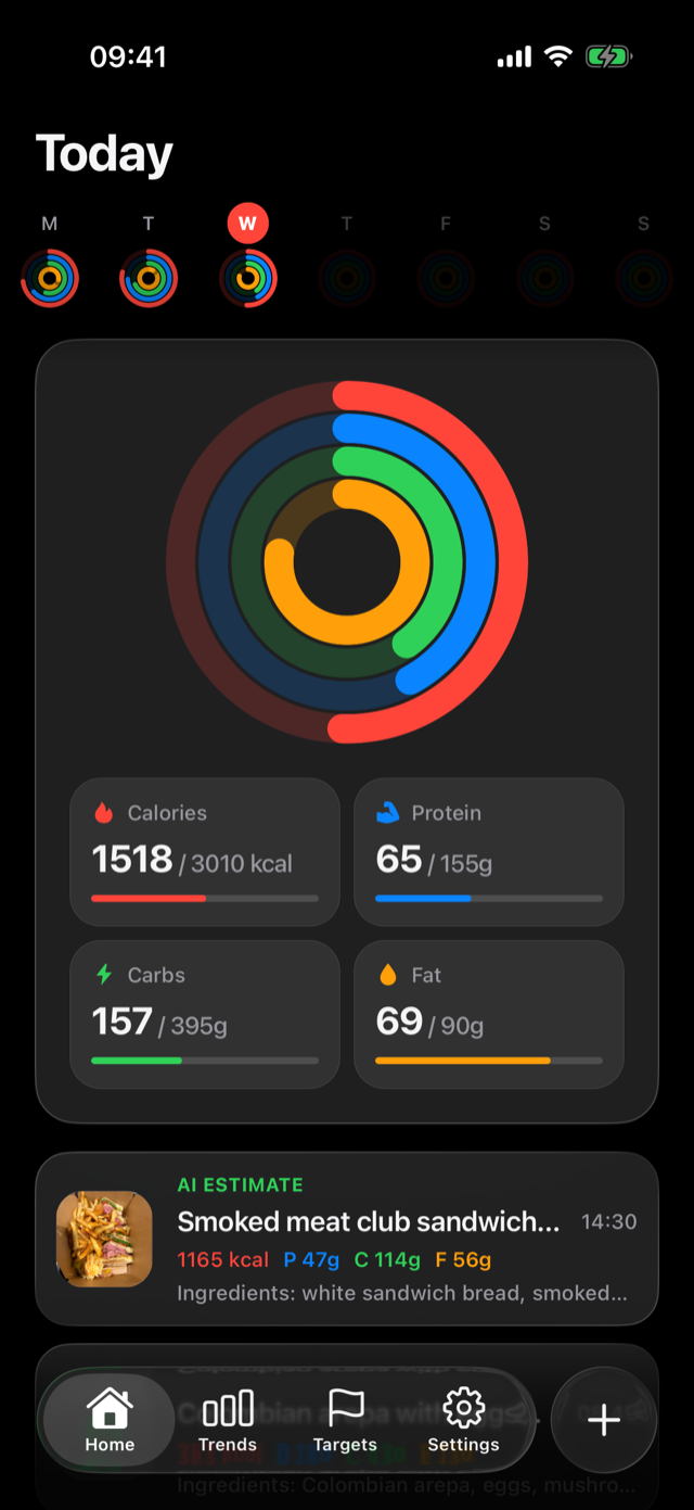 StayToned Today screen in dark mode showing calorie, protein, carb, and fat progress rings with logged meals