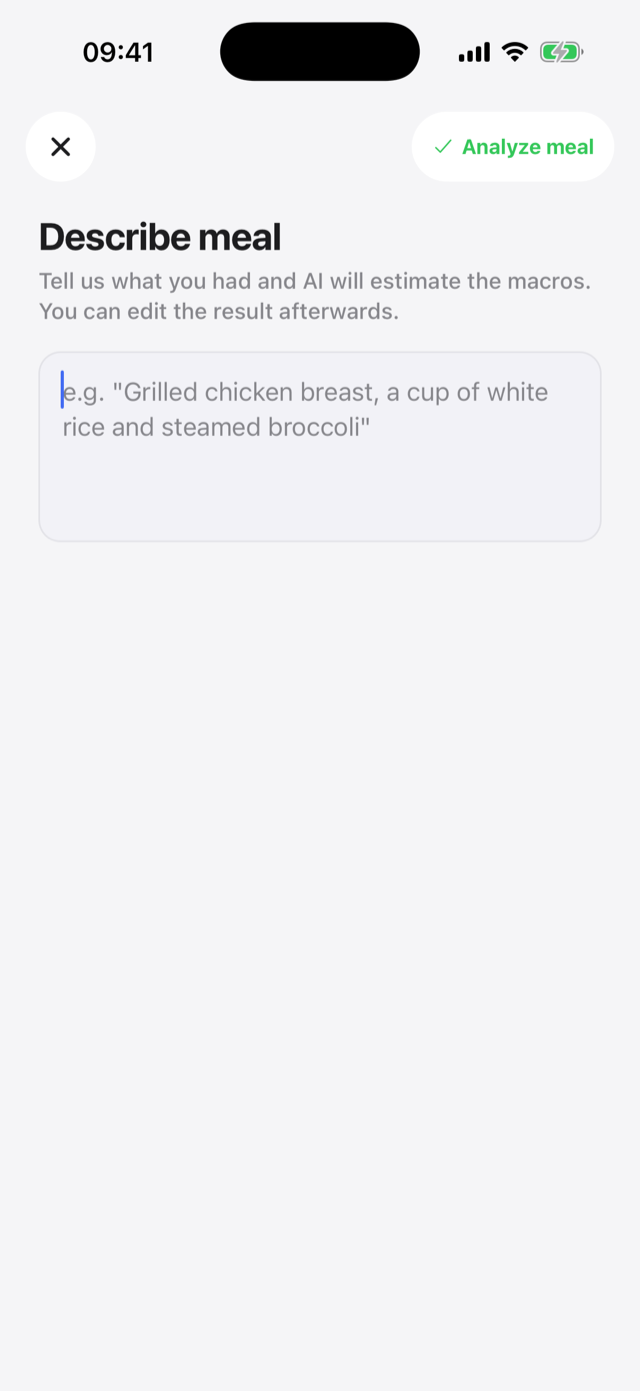 Describe meal screen where AI estimates macros from a text description
