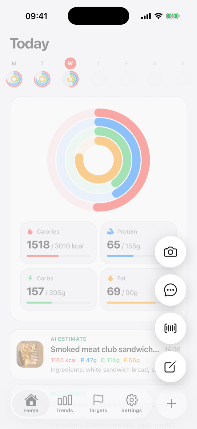 Quick add menu with photo, describe, barcode, and manual options