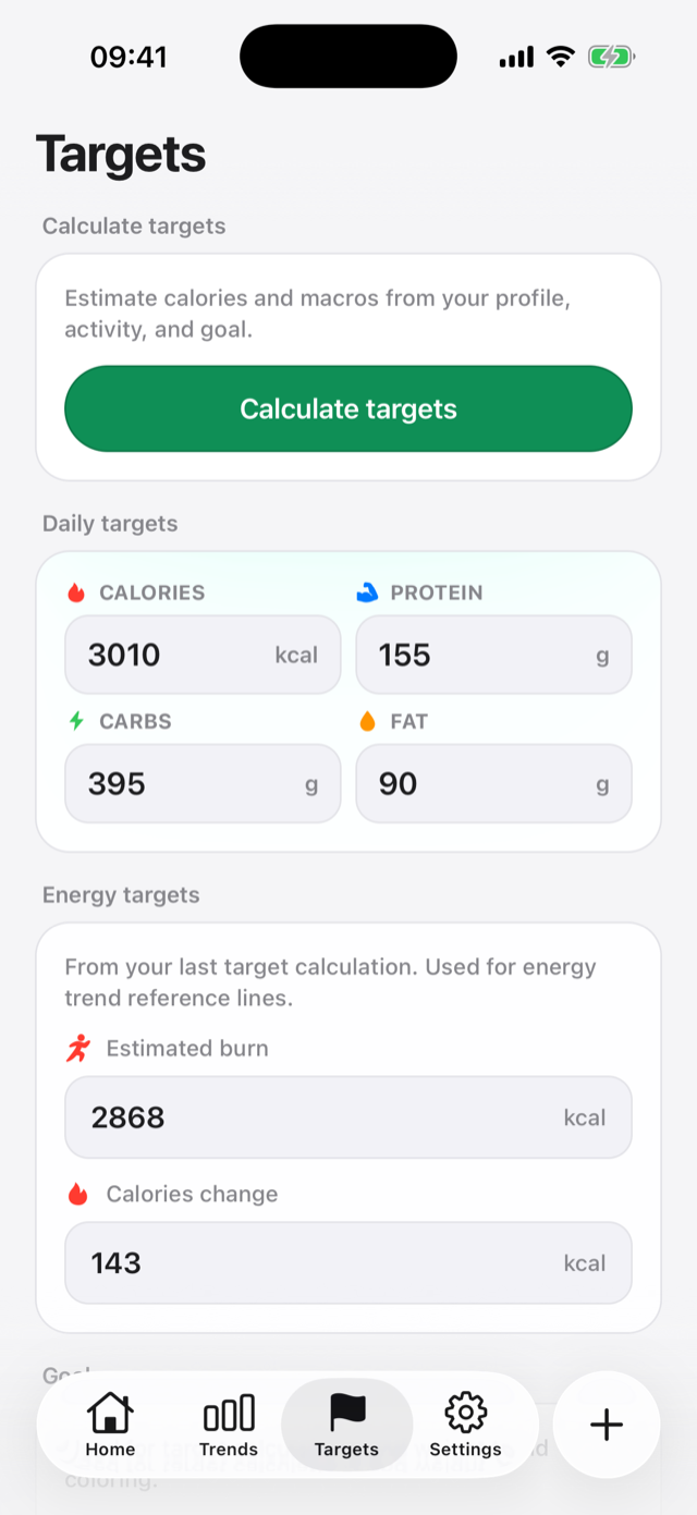 Targets screen with calculated daily calorie and macro targets