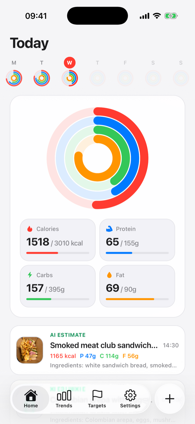 StayToned Today screen showing calorie, protein, carb, and fat progress rings with logged meals